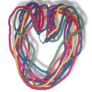 Vintage Multi Strand Wood Coconut Bead Necklace Rainbow Boho Hippie Festival 27"